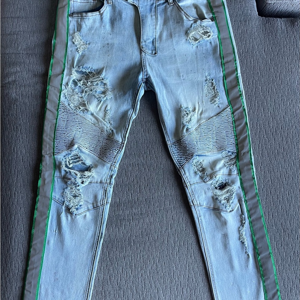 KDNK Light Wash Distressed Skinny Jeans with Green Side Stripe